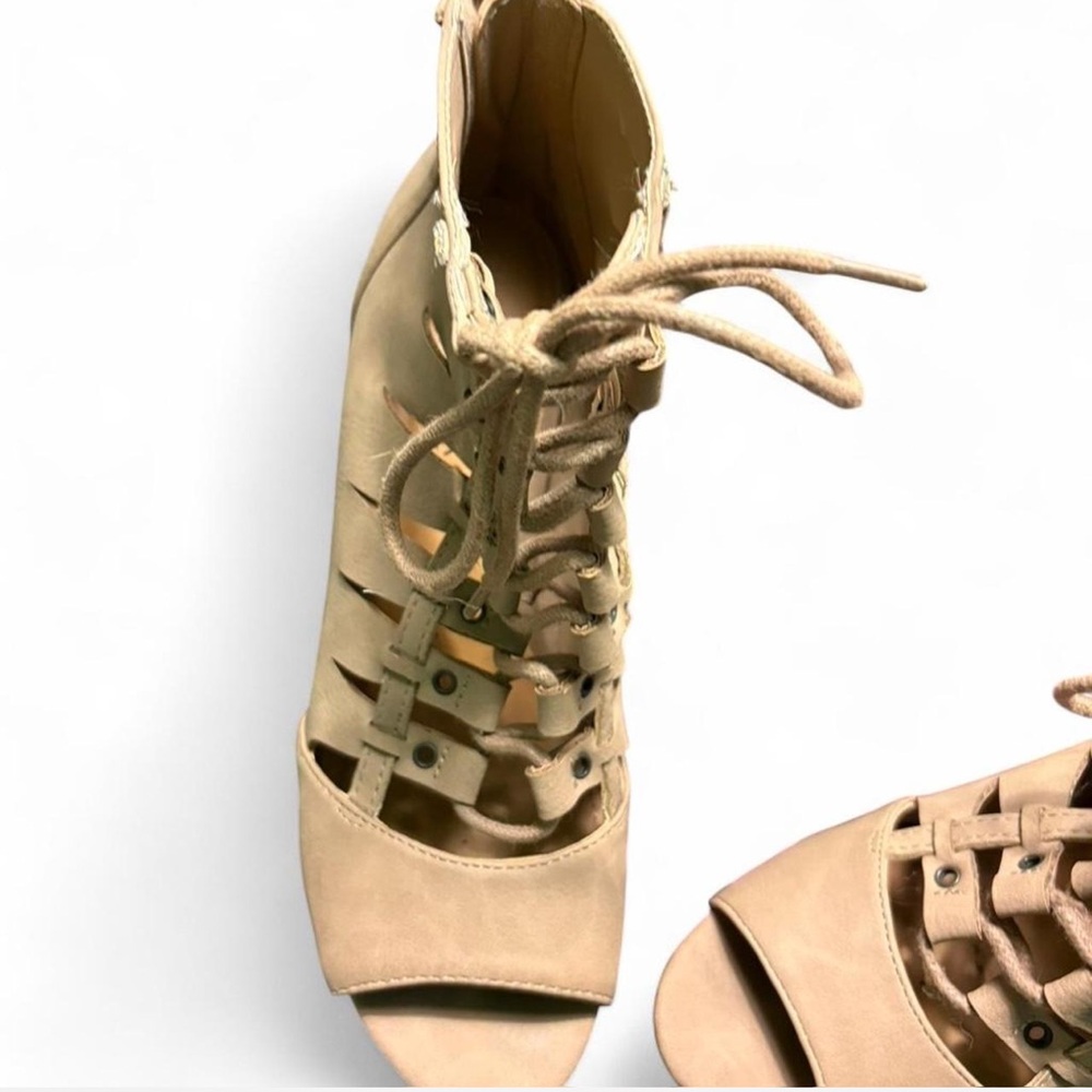 Tan suede peep toe wooden heel lace up bootie western boho chic ankle boot 6m - Picture 5 of 6